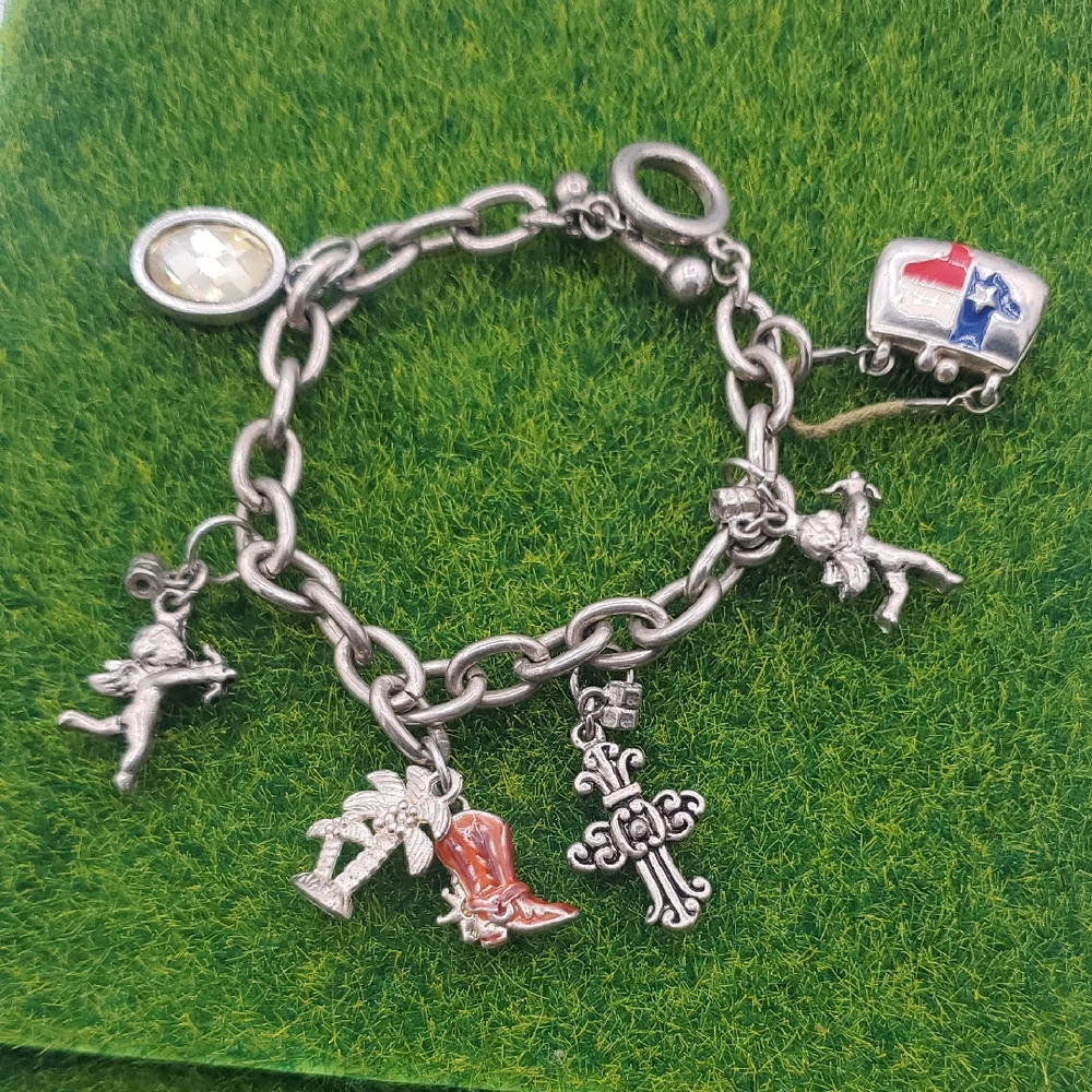 Silver Tone Charm Bracelet with Texas and Angel Charms B3025 - Picture 1 of 6